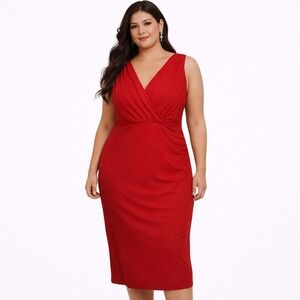 New! CATO Size 22W Red Ruched‎ Surplice V-Neck Stretch Knit Career Sheath Dress